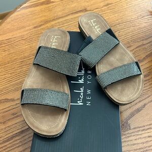 Black with Silver Rhinestones, Slip on Sandals in a Size 9